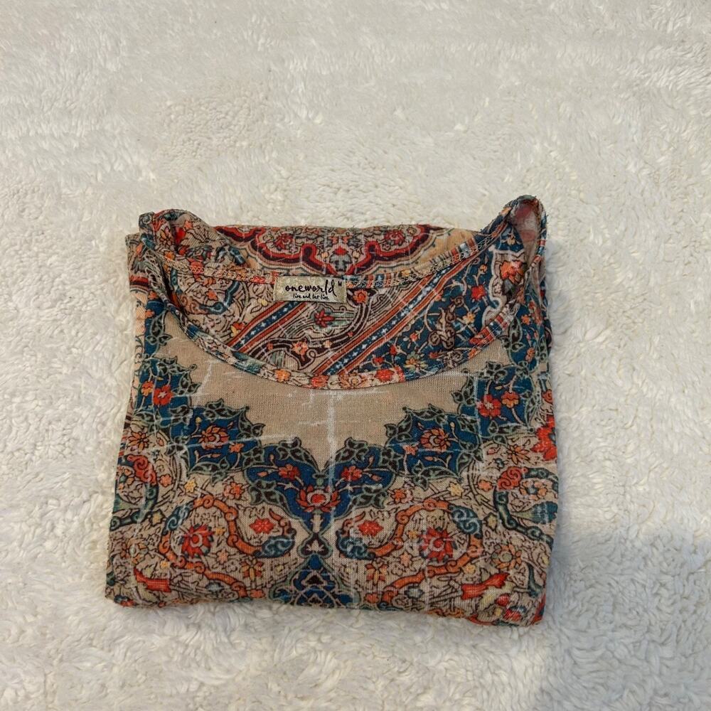 One World Vtg Y2K Babydoll Top Boho Indie Multicolor Print Size M Made In USA
